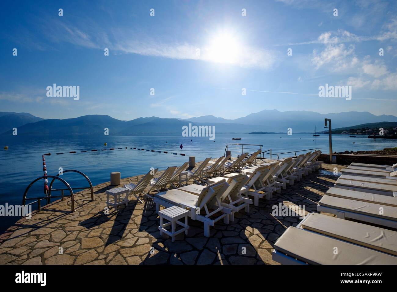 Hotel terrace in Kraöi?i, Krasici, near Tivat, Lustica peninsula, Luötica, Bay of Kotor, Montenegro Stock Photo