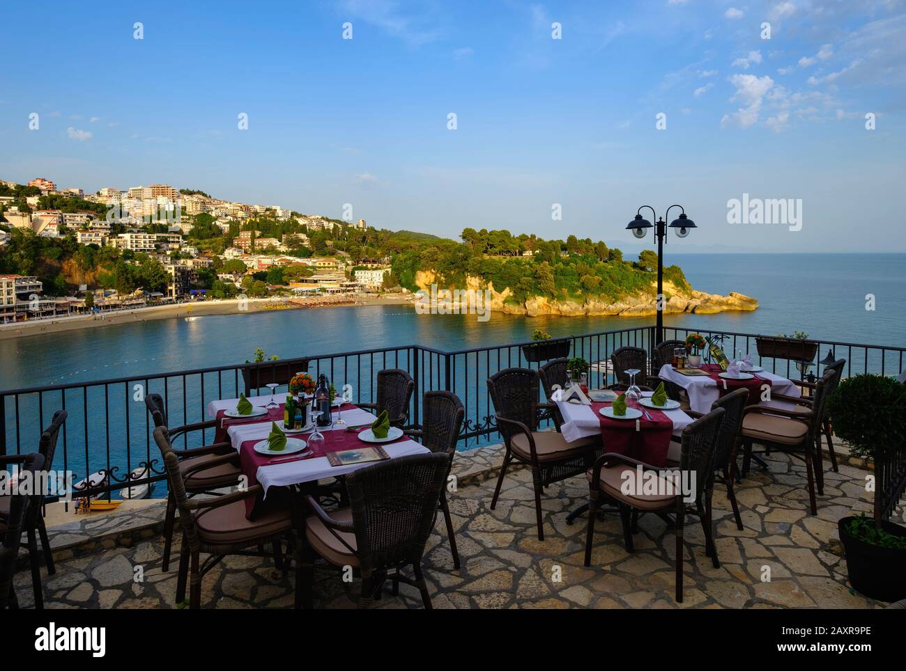 Restaurant in Old Town, beach Mala Plaza, Ulcinj, Montenegro Stock Photo