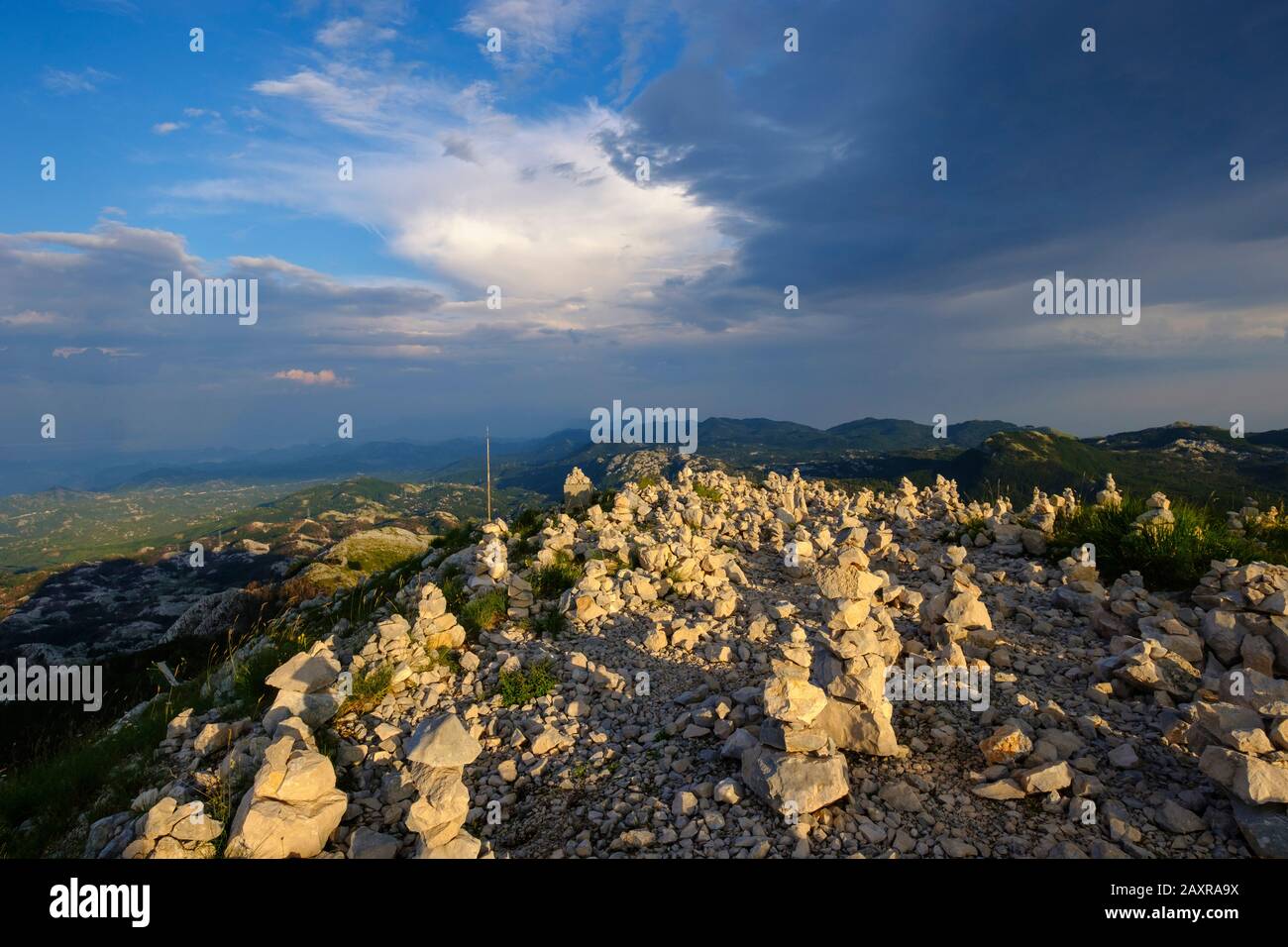 Cairn on summit of Jezerski Vrh in Lovcen National Park, at Cetinje, Montenegro Stock Photo