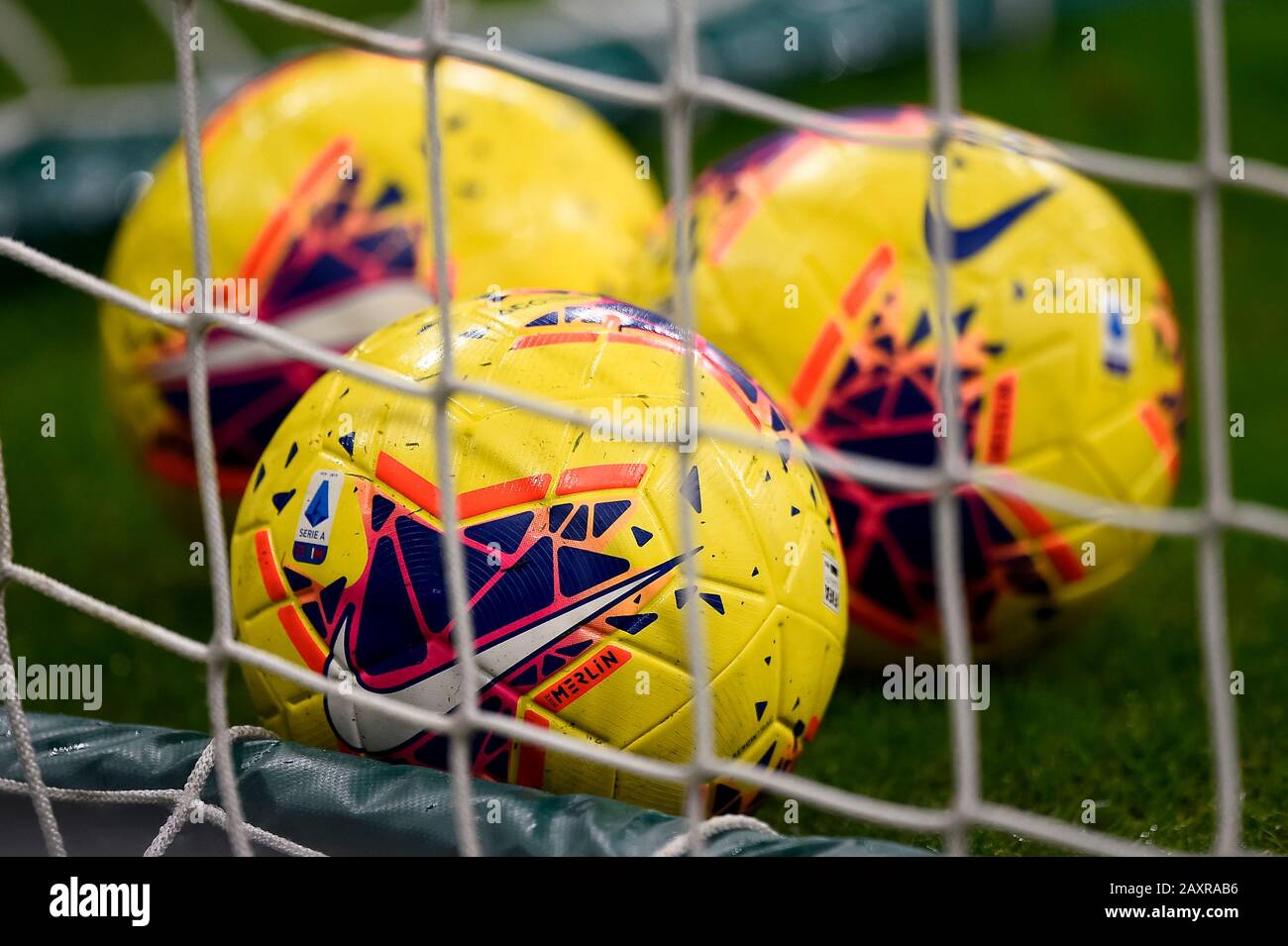 Milan, Italy - 12 February, 2020: Official Nike Merlin match balls are seen  prior to the Coppa Italia semi final football match between FC  Internazionale and SSC Napoli. SSC Napoli won 1-0