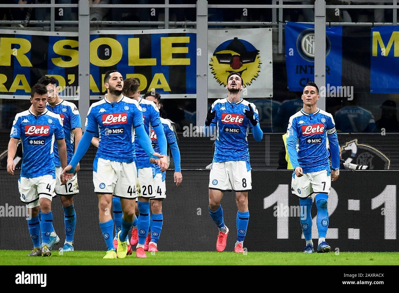 Milan, Italy - 12 February, 2020: Fabian Ruiz (2nd from R) of SSC Napoli celebrates after scoring a goal during the Coppa Italia semi final football match between FC Internazionale and SSC Napoli. Credit: Nicolò Campo/Alamy Live News Stock Photo