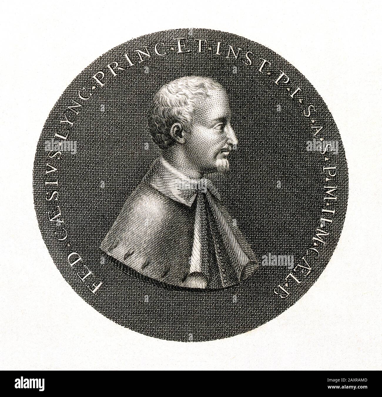 1630 ca , Roma, ITALY : Engraving of front-side of a medal dedicated to FEDERICO Angelo CESI Duca  di ACQUASPARTA ( 1585 - 1630 ), Principe di Sant'angelo e San Polo , marchese di Monticelli . Italian scientist , naturalist and founder of the Accademia dei Lincei ( Academy of the Lynxes ) in 1603 .- SCIENZA - SCIENCE - ITALIA - FEDERIGO CESI Duke of ACQUA SPARTA - profilo - profile - Nobiltà italiana - NOBILITY - portrait - ritratto  - barba - beard  - colletto - collar - NOBILI  - medaglione - incisione - engraving - HISTORY - FOTO STORICHE - medaglia - SCIENZIATO - MEDICO - MEDICINA - MEDICI Stock Photo