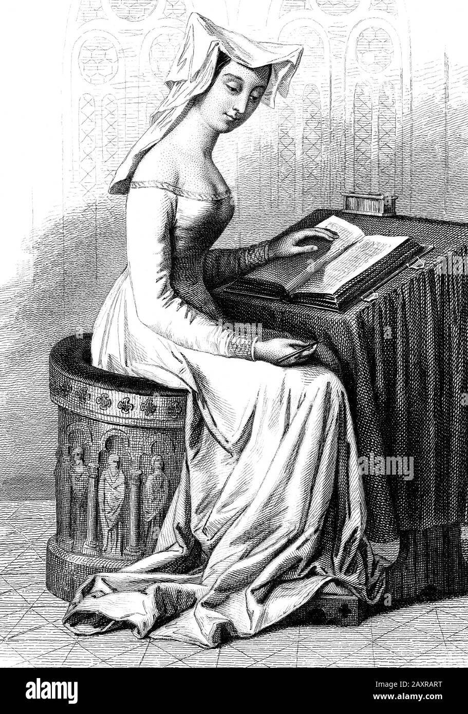 1400 ca , FRANCE: The italian-born french woman poet CRISTINA DA PIZZANO ( 1364 - 1430 ca ) aka CHRISTINE DE PIZAN or PISAN . Undentified engraver, pubblished in  1846 . Author at the court of King Charles VI of France . She is best remembered for defending women in The Book of the City of Ladies and The Treasure of the City of Ladies . Venetian by birth, Christine was a prominent moralist and political thinker in medieval France .- LETTERATURA - LITERATURE - scrittore - ritratto - portrait - POETESSA - POETA - POESIA - POETRY - veil - velo - reader - lettrice - lettore - desk - scrivania --- Stock Photo