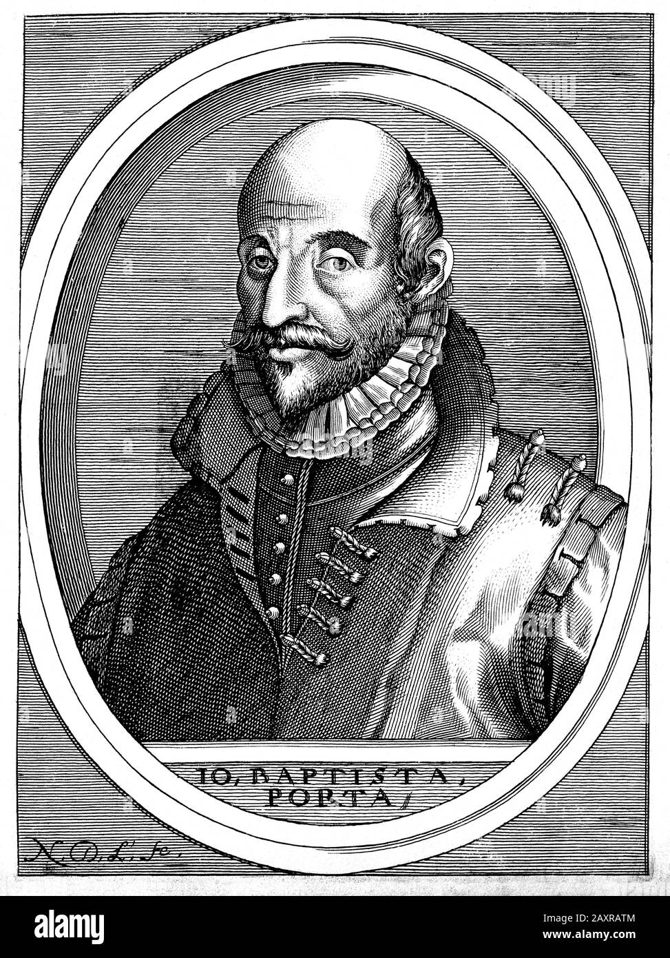 1600 ca , ITALY : The celebrated italian philosopher , polymath , occultist , dramatist and alchemist GIOVANNI BATTISTA DELLA PORTA ( Vico Equense , 1535 ca - Napoli,  1615 ). Engraved portrait by Nicolas de Larmessin ( 1632 - 1694 ) from 1682 . - FILOSOFO - FILOSOFIA - ALCHEMY - ALCHIMIA - ALCHIMISTA - PHILOSOPHY - TEATRO - THEATRE - commediografo - drammaturgo - playwrighter - Giambattista - Giovambattista - MATEMATICO - MATEMATICA - METEOROLOGIA - METEOROLOGO - METEOROLOGY - ASTROLOGO - ASTROLOGIA - ASTROLOGIST - ASTROLOGY - OCCULTO - OCCULTISTA - OCCULT - gorgiera -  collar - colletto - in Stock Photo