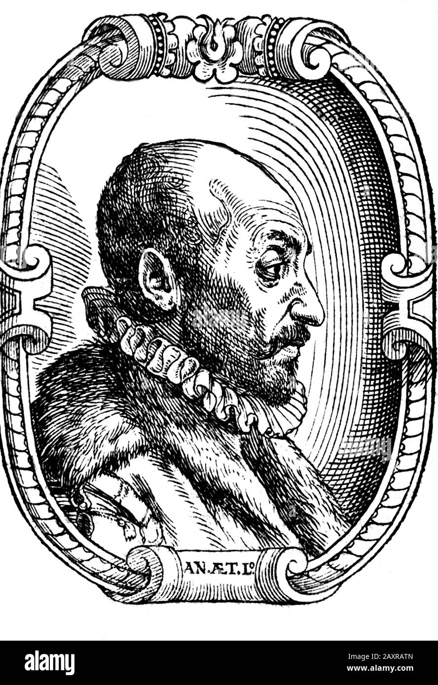 1600 ca , ITALY : The celebrated italian philosopher , polymath , occultist , dramatist and alchemist GIOVANNI BATTISTA DELLA PORTA ( Vico Equense , 1535 ca - Napoli,  1615 ). Engraved portrait from XVII century. - FILOSOFO - FILOSOFIA - ALCHEMY - ALCHIMIA - ALCHIMISTA - PHILOSOPHY - TEATRO - THEATRE - commediografo - drammaturgo - playwrighter - Giambattista - Giovambattista - MATEMATICO - MATEMATICA - METEOROLOGIA - METEOROLOGO - METEOROLOGY - ASTROLOGO - ASTROLOGIA - ASTROLOGIST - ASTROLOGY - OCCULTO - OCCULTISTA - OCCULT - gorgiera -  collar - colletto - incisione - engraving - illustratio Stock Photo