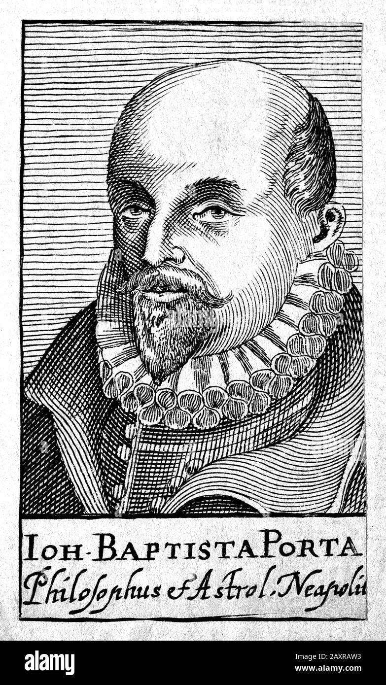 1600 ca , ITALY : The celebrated italian philosopher , polymath , occultist , dramatist and alchemist GIOVANNI BATTISTA DELLA PORTA ( Vico Equense , 1535 ca - Napoli,  1615 ). Engraved portrait by unknown engraver , 1688 . - FILOSOFO - FILOSOFIA - ALCHEMY - ALCHIMIA - ALCHIMISTA - PHILOSOPHY - TEATRO - THEATRE - commediografo - drammaturgo - playwrighter - Giambattista - Giovambattista - MATEMATICO - MATEMATICA - METEOROLOGIA - METEOROLOGO - METEOROLOGY - ASTROLOGO - ASTROLOGIA - ASTROLOGIST - ASTROLOGY - OCCULTO - OCCULTISTA - OCCULT - gorgiera -  collar - colletto - incisione - engraving - i Stock Photo