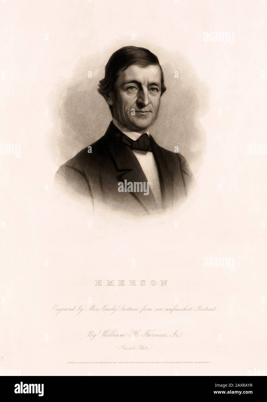 1871, USA : Portrait of american celebrated philosopher and poet RALPH WALDO EMERSON ( 1803 - 1882 ) . Portrait engraved by Emily Sartain ( 1841 - 1927 ) from an unfinished portrait by William Henry Furness  Jr. ( 1827- 1867 ).- POETA - POESIA - FILOSOFO - FILOSOFIA - PHILOSOPHY - POETRY - LETTERATO - SCRITTORE - LETTERATURA - Literature - PORTRAIT - RITRATTO - engraving - incisione - illustrazione - illustration ---  Archivio GBB Stock Photo