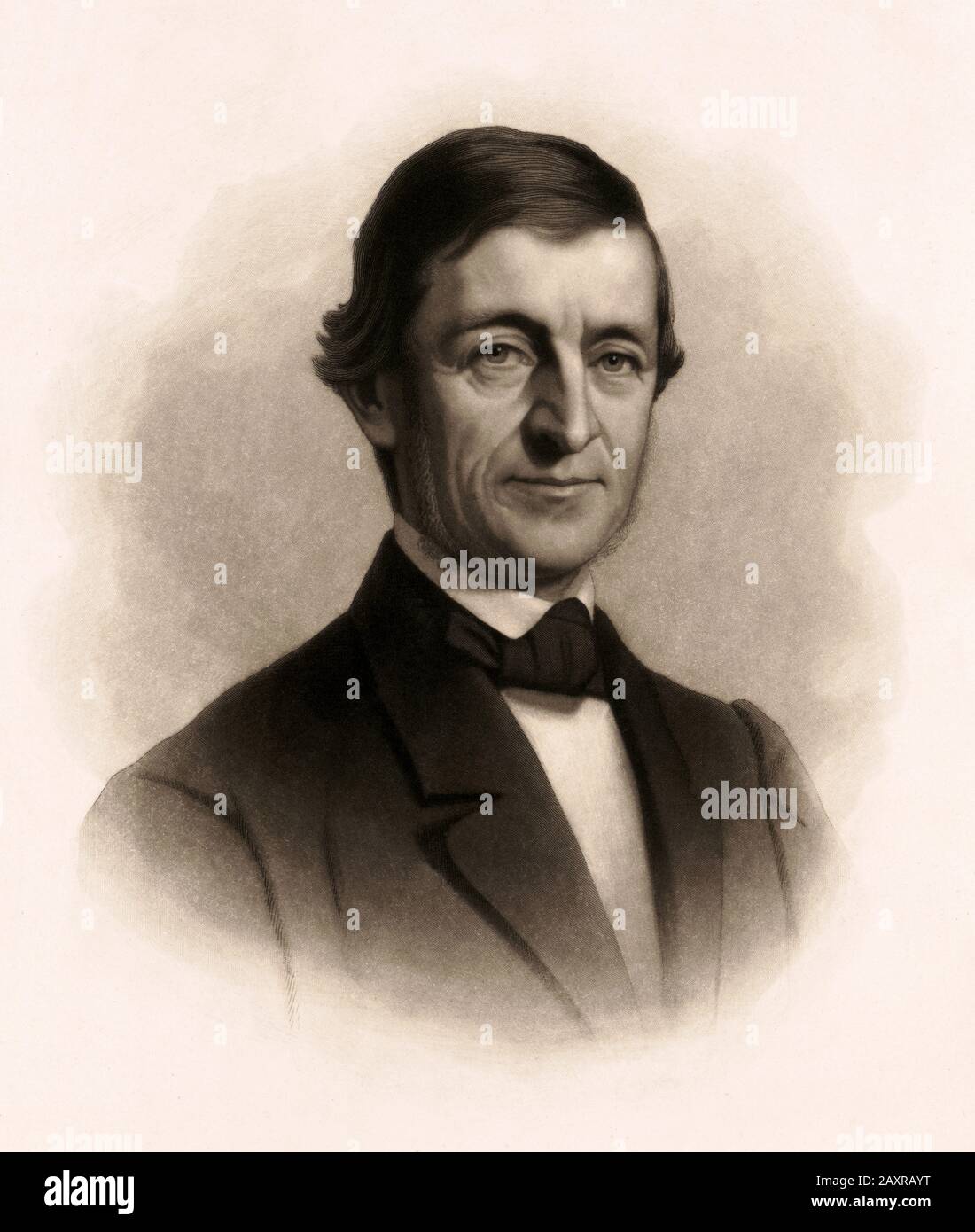 1871, USA : Portrait of american celebrated philosopher and poet RALPH WALDO EMERSON ( 1803 - 1882 ) . Portrait engraved by Emily Sartain ( 1841 - 1927 ) from an unfinished portrait by William Henry Furness  Jr. ( 1827- 1867 ).- POETA - POESIA - FILOSOFO - FILOSOFIA - PHILOSOPHY - POETRY - LETTERATO - SCRITTORE - LETTERATURA - Literature - PORTRAIT - RITRATTO - engraving - incisione - illustrazione - illustration ---  Archivio GBB Stock Photo