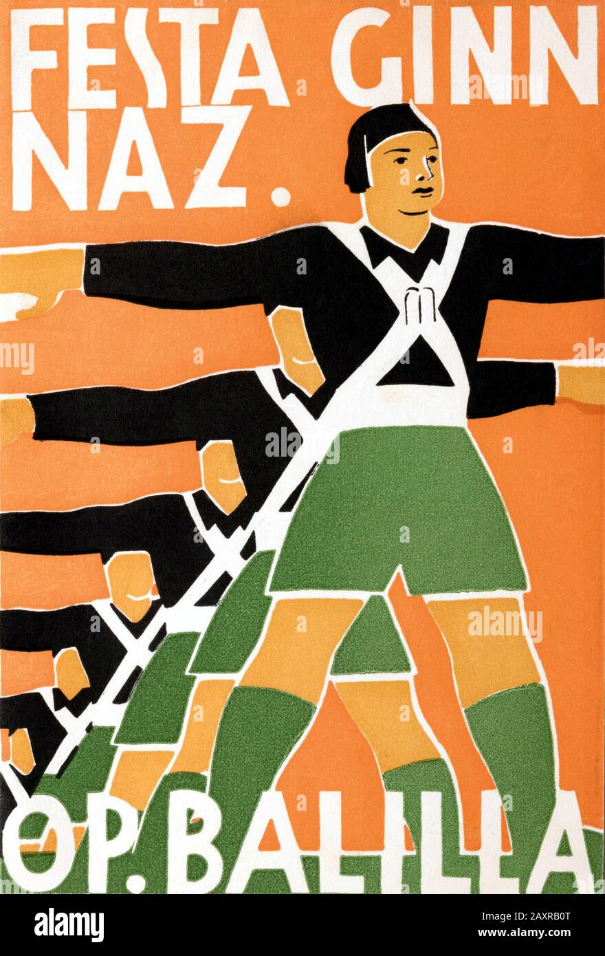 1930 , ROMA , ITALY : Poster propaganda for FESTA GINNICA NAZIONALE DELL'OPERA BALILLA , 1930 . Artwork by unknown artist .  - NATIONAL GYMNIAN PARTY OF THE BALILLA OPERA - BENITO MUSSOLINI - OPERA BALILLA - FASCISMO - SPORT - GYMNASTICS - GINNIC RACES - FASCISTI - FASCISTA - FASCIST - FASCISM - FOTO STORICA - STORICHE - HISTORY - PROPAGANDA - 30's - '30 - ANNI T?RENTA  - manifesto - CAMICIA NERA - BLACK SHIRT - ITALY - ITALIA - XX CENTURY - NOVECENTO - INFANZIA - CHILDHOOD - DITTATURA - DICTATORSHIP - REGIME TOTALITARIO - child - children - bambino - bambini --- Archivio GBB Stock Photo