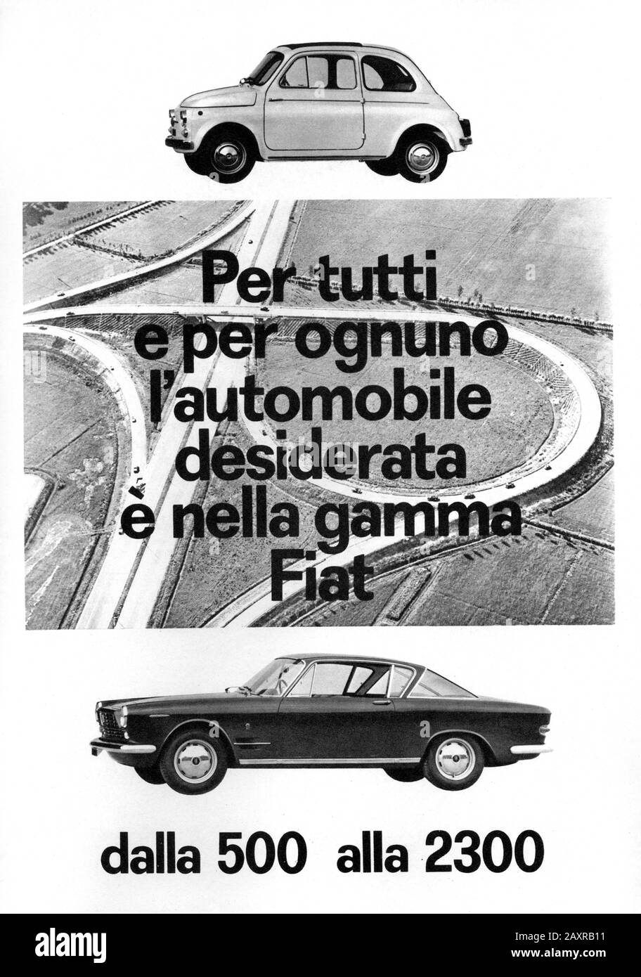 1962 , TORINO ,  ITALY : The italian car industry FIAT ( F.I.A.T. Fabbrica Italiana Automobili Torino ) advertising for FIAT CARS FIAT 500 and FIAT 2300 . - GIANNI AGNELLI - automobile - automobili - cars - ANNI 60 - SESSANTA - '60 - 60's - industria - pubblicità  - FABBRICA - INDUSTRIA AUTOMOBILISTICA - FACTORY - HISTORY - FOTO STORICHE ---- Archivio GBB Stock Photo
