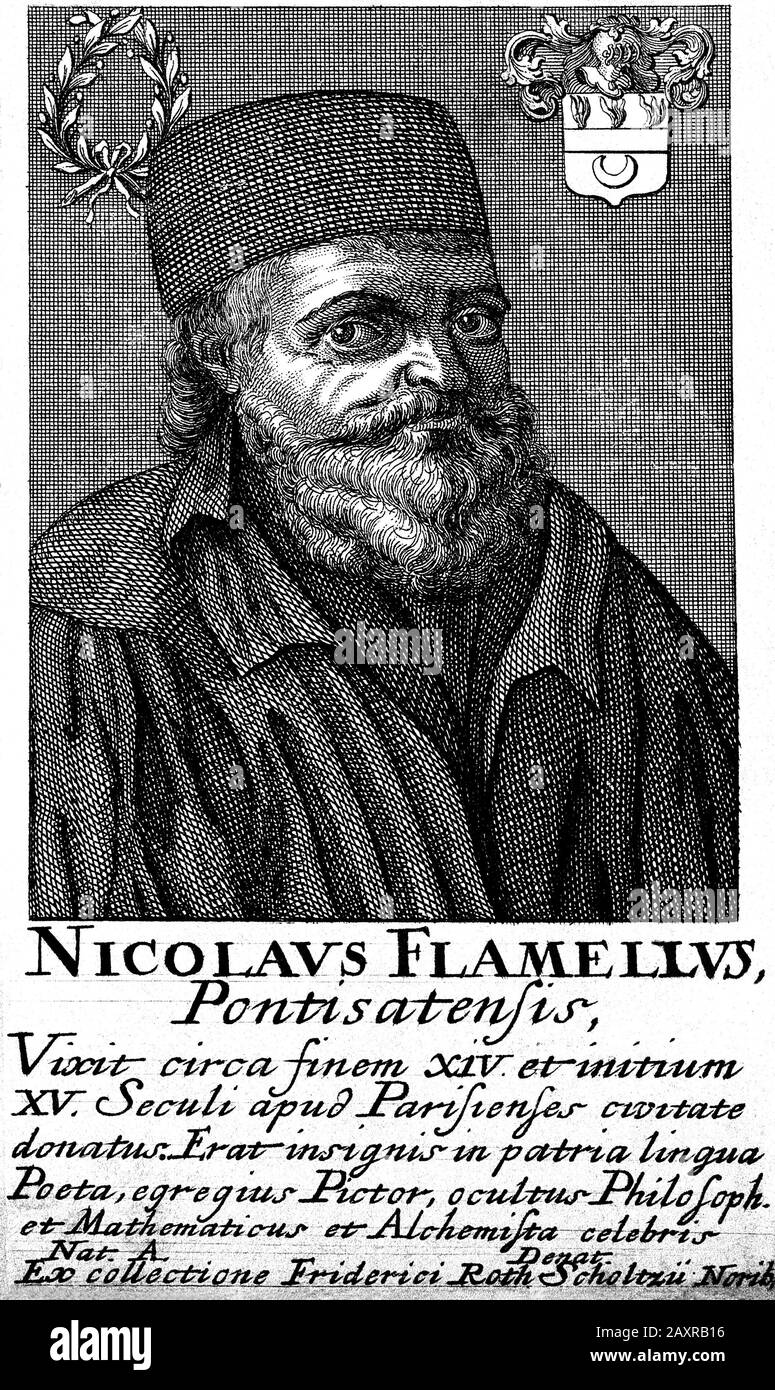 1400 ca, PARIS , FRANCE : The mysterious NICOLAS FLAMEL ( 1330 - 1418 ),  french writer and librarian with an interest in Alchemy . Engraved XVIII  century portrait by Scholtzii Roth ,