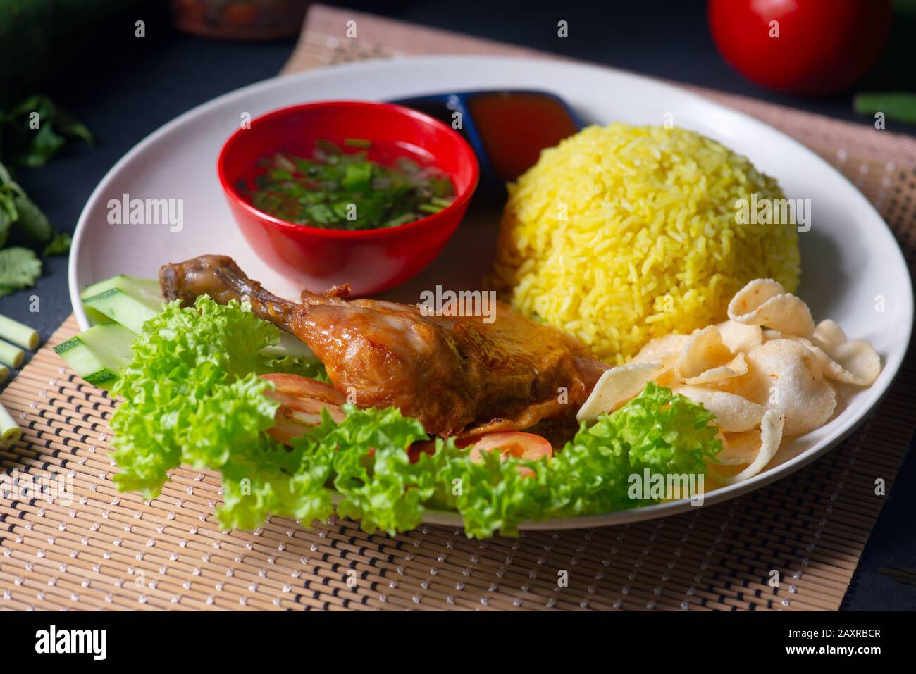 traditional malay style chicken rice or nasi ayam Stock Photo