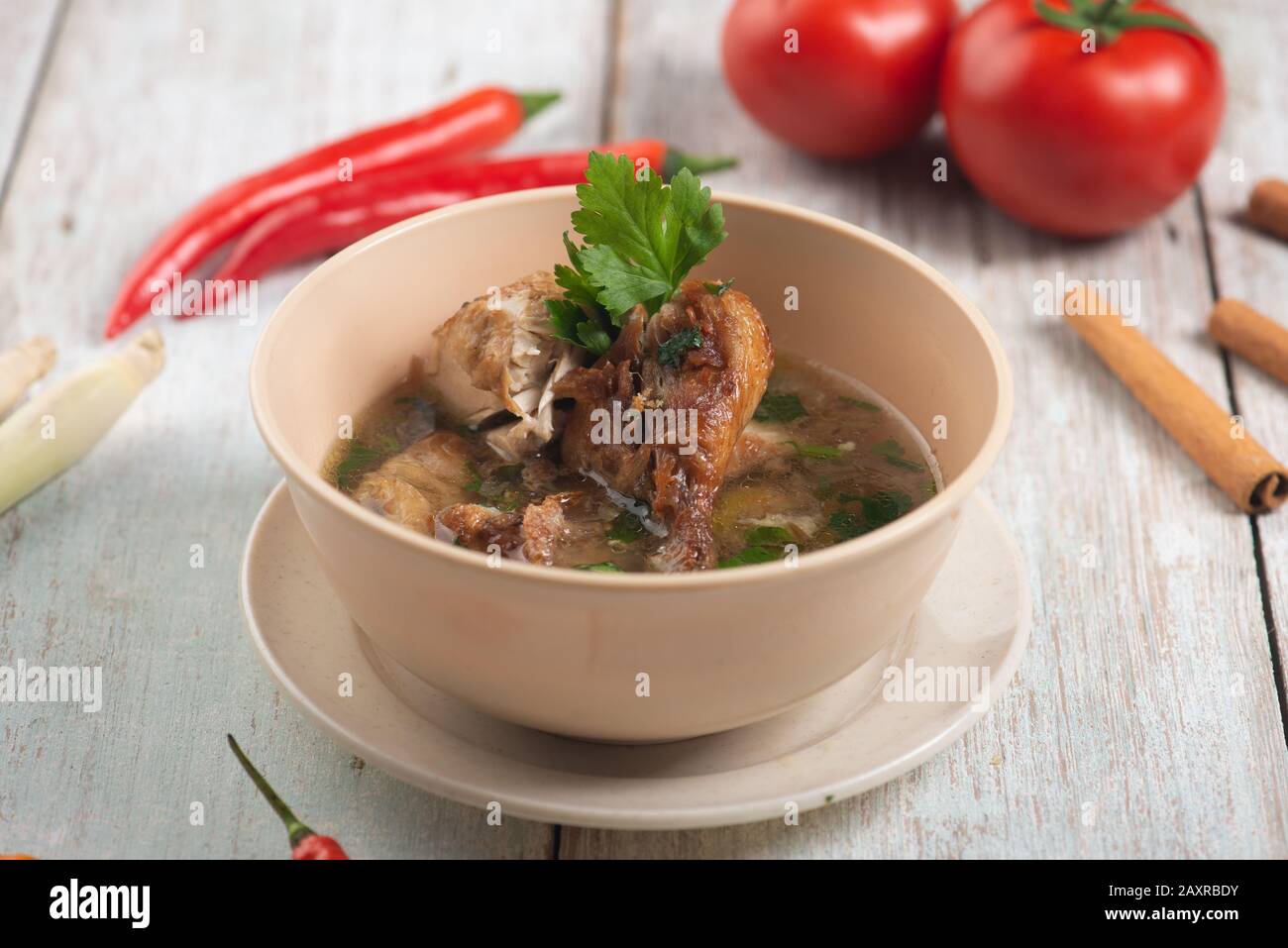 traditional style chicken soup with background Stock Photo