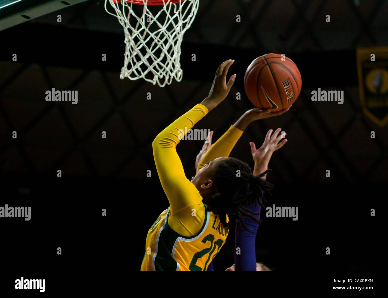 Waco, Texas, USA. 12th Feb, 2020. Baylor Lady Bears guard Juicy Landrum (20) shoots a the ball during the 2nd half of the NCAA Women's Basketball game between Kansas Jayhawks and the Baylor Lady Bears at The Ferrell Center in Waco, Texas. Matthew Lynch/CSM/Alamy Live News Stock Photo