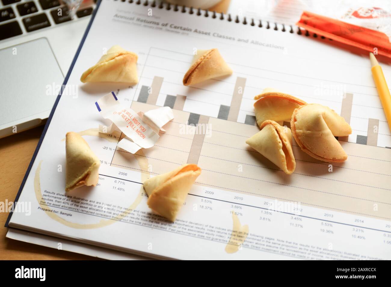 Fortune cookies on a financial chart. Concept of decision making. Horizontal Stock Photo