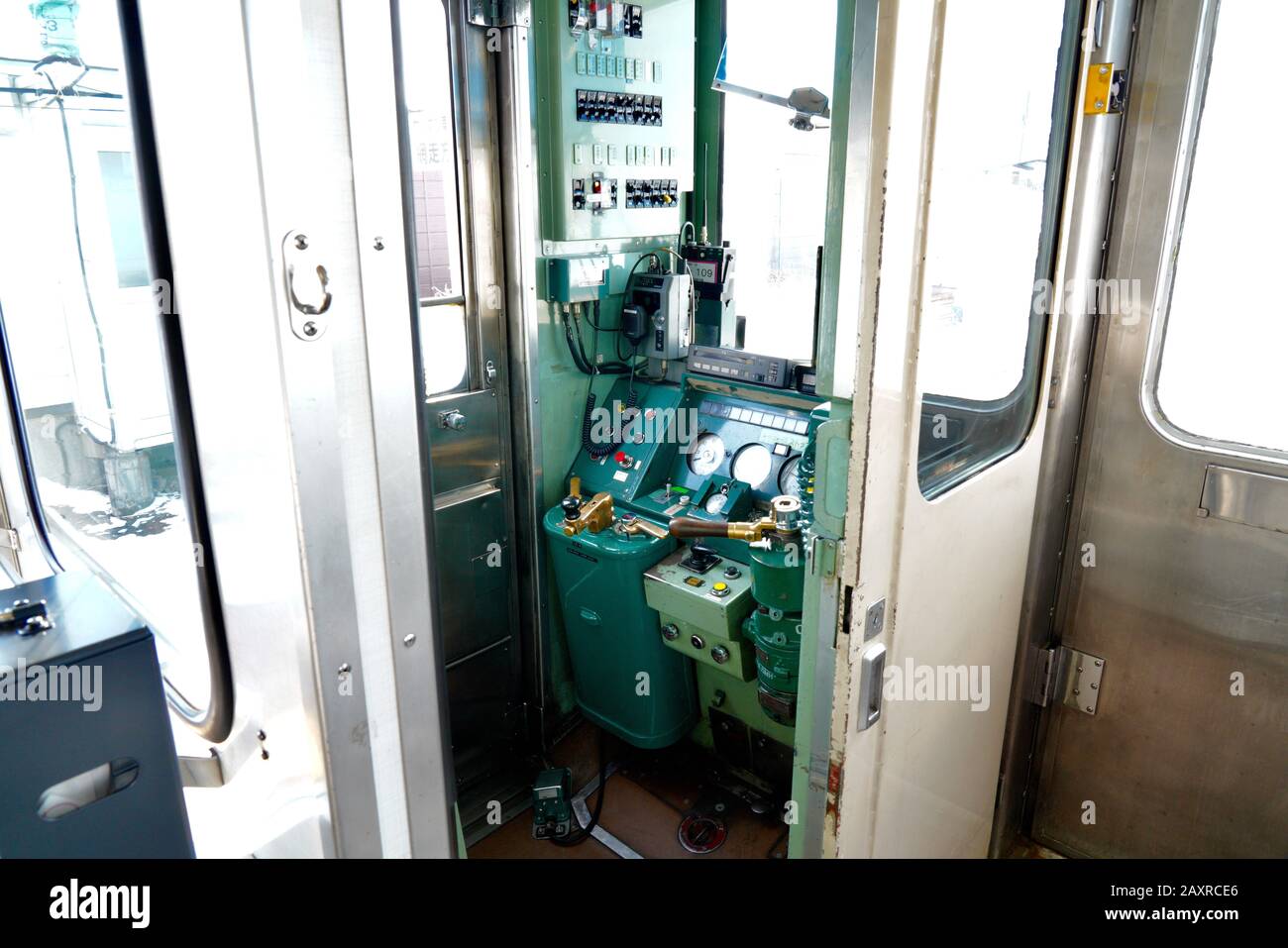 Train conductor cabin and controls of Ryuho Monogatari train, Shari, Hokkaido, Japan Stock Photo