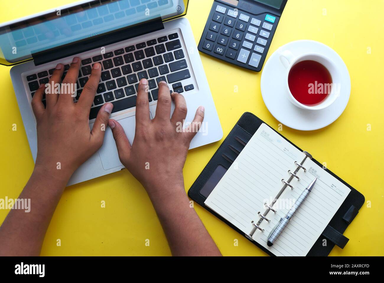 top view of man hand typing on laptop  Stock Photo
