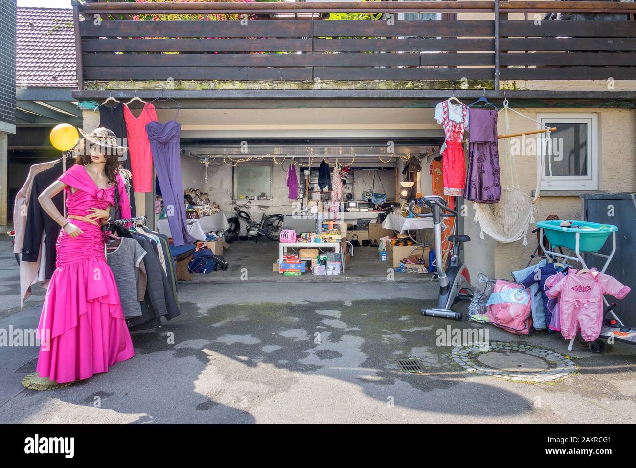 Germany, Filderstadt, Garage Sale, private flea market in a double garage Stock Photo