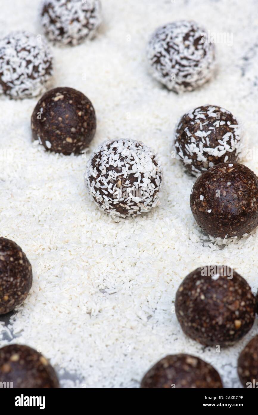 Homemade vegan cacao date seeds and nut energy balls. Made with medjool