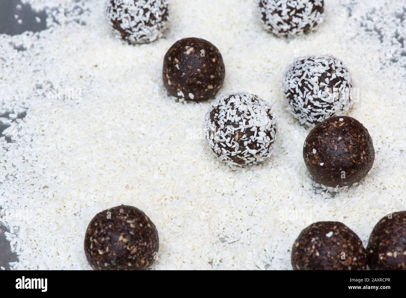 Homemade vegan cacao date seeds and nut energy balls. Made with medjool