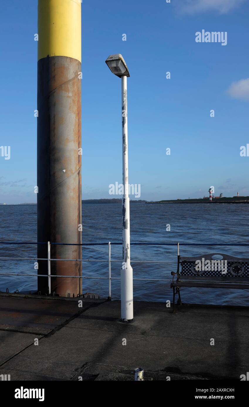 Lühe-jetty after the storm surge, lamp Stock Photo