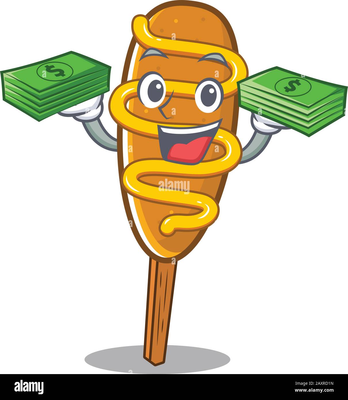 cool rich corn dog character having money on hands Stock Vector