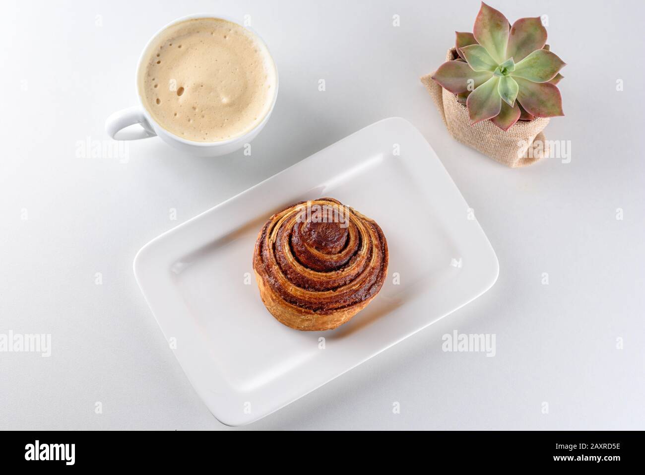 https://c8.alamy.com/comp/2AXRD5E/cup-of-coffee-cinnamon-roll-bun-pastry-and-small-succulent-plant-over-the-white-background-2AXRD5E.jpg