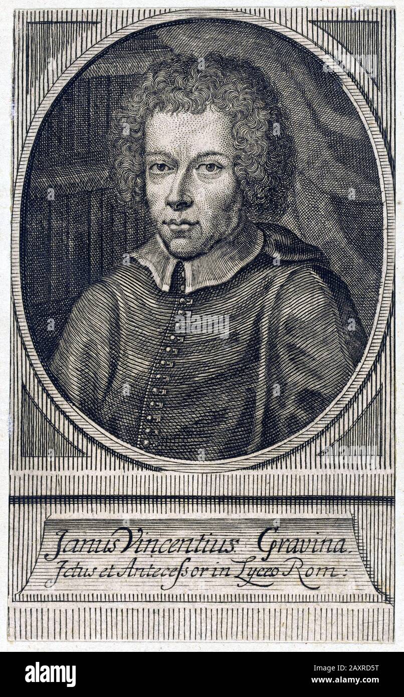 1720 ca , ITALY : The italian nobleman  jurist and Latin writer Gian Vincenzo GRAVINA ( Janus Vincentius , 1664 - 1718 ), portrait engraved by Johann Georg Mentzel  ( 1677 – 1743 ). In 1689, he came to Rome , where in 1690 , he united with several others of literary tastes in forming the Academy of Arcadians . - LEGGE - ACCADEMIA ARCADIA - ARCADICO - ARCADICI - ACCADEMIA DEI LINCEI - GIURISTA - GIURESCONSULTO - ITALIA - SCRITTORE - LETTERATO - LITERATURE - LETTERATURA - incisione - engraving - illustrazione - illustration  --- ARCHIVIO GBB Stock Photo
