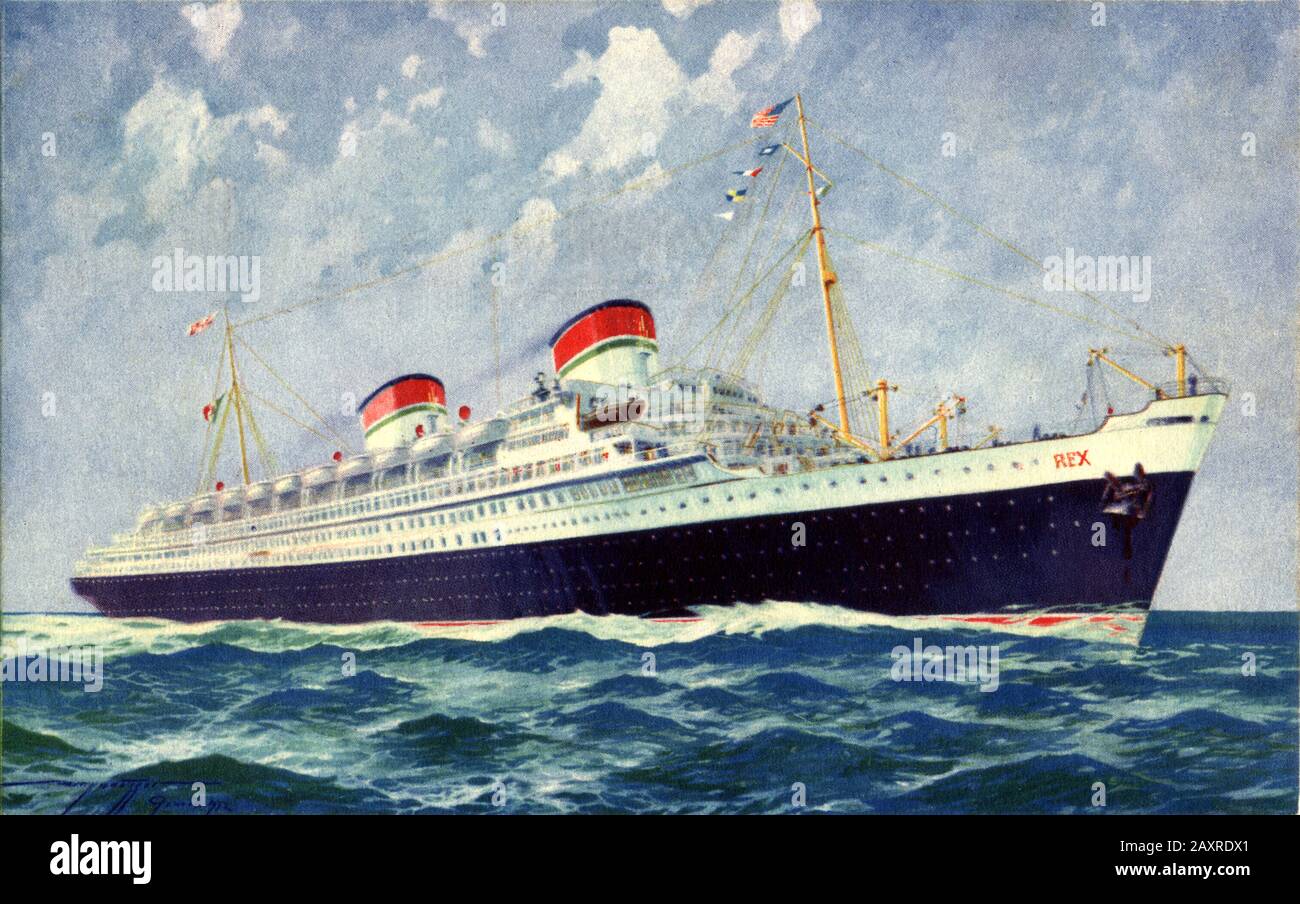 1932, GENOVA , ITALY  : Official postcard to commemorate the first trip of the REX from Genoa to New York the day 27 september 1932 . The S.S. Rex was an Italian 51,100 ton ocean liner that was launched in 1931 . She held the westbound Blue Riband between 1933 and 1935 . Originally built for the Navigazione Generale Italiana, its state-ordered merger with the Lloyd Sabaudo line meant that the ship sailed for the newly created Italian Line. On 8 September 1944, off Koper, she was hit by 123 rockets launched by RAF aircraft, caught fire from stem to stern, rolled onto her port side, and sank in Stock Photo