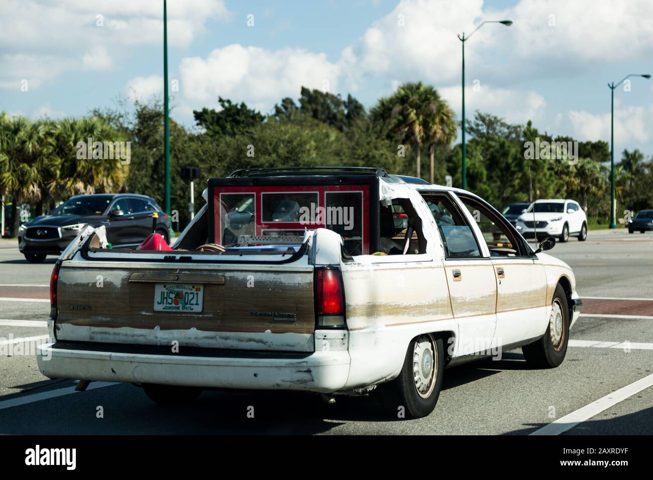 This heavily modified Buick Roadmaster Estate Wagon in Palm City, Florida serves as a homemade pickup truck. Stock Photo