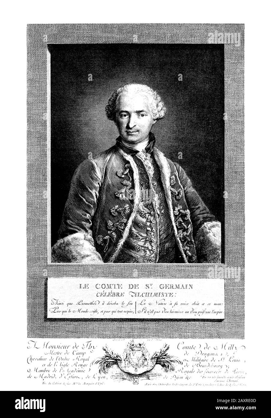 1750 ca, FRANCE : The mysterious french self-titled Count de SAINT GERMAIN ( 1710 ca - 1784 ), was a European adventurer, with an interest in Science , Alchemy and the Arts . Engraved portrait f by Nicolas Thomas made in 1783, after a painting then owned by the Marquise d'Urfé and now lost , at time  contained at the Louvre galleries in France . - ALCHIMISTA - ALCHIMIA - ALCHIMISMO - Conte - Elisir di lunga vita - OCCULTO - OCCULTISTA - OCCULTISMO - OCCULT - OCCULTISM - MISTERO - MYSTERY - HISTORY - FOTO STORICHE - Magia - Magic - MAGO - portait - ritratto - engraving - incisione - parrucca - Stock Photo