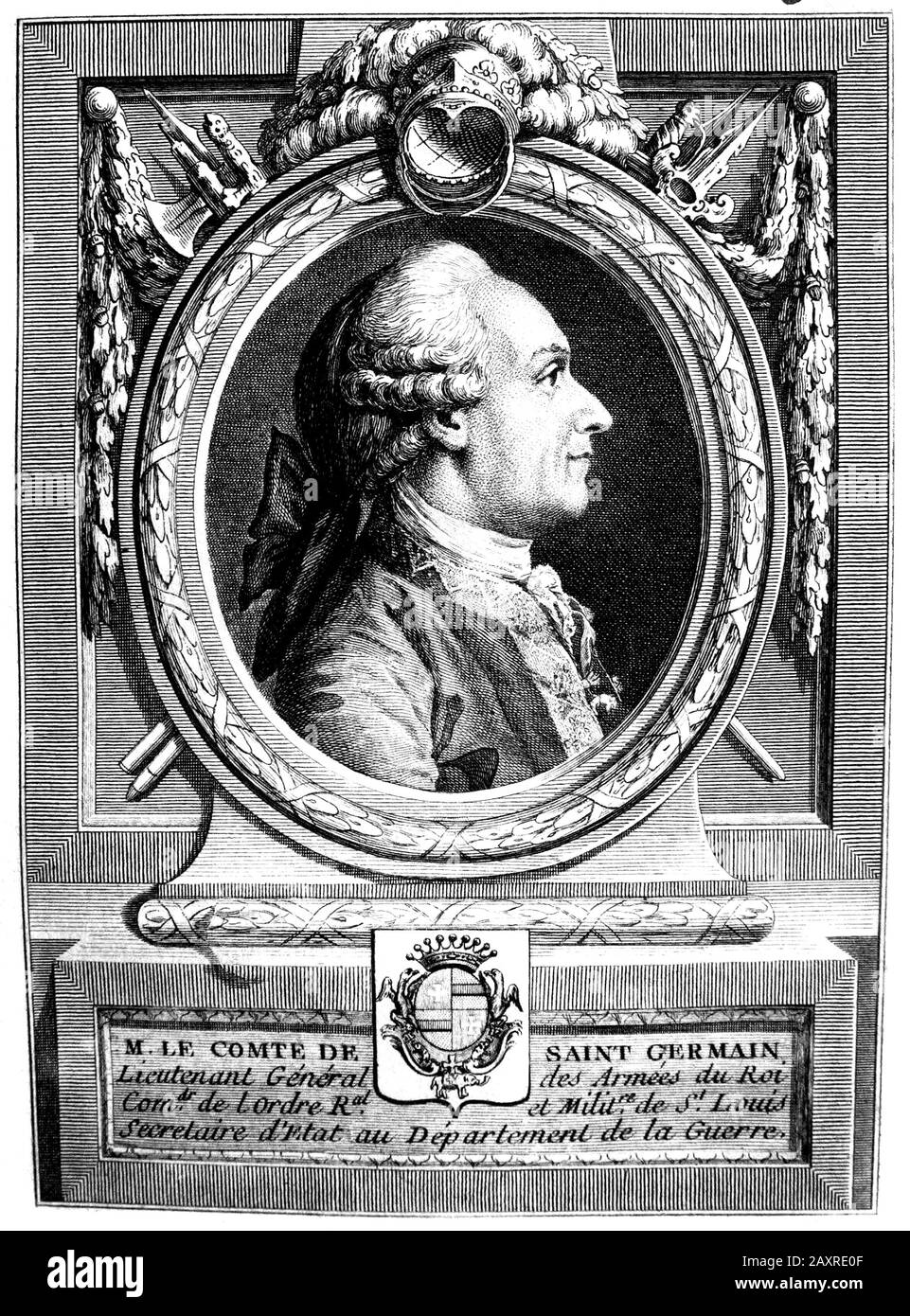 1750 ca, FRANCE : The mysterious french self-titled Count de SAINT GERMAIN ( 1710 ca - 1784 ), was a European adventurer, with an interest in Science , Alchemy and the Arts . - ALCHIMISTA - ALCHIMIA - ALCHIMISMO - Conte - Elisir di lunga vita - OCCULTO - OCCULTISTA - OCCULTISMO - OCCULT - OCCULTISM - MISTERO - MYSTERY - HISTORY - FOTO STORICHE - Magia - Magic - MAGO - portait - ritratto - engraving - incisione - parrucca - wig - apolide - apolid - Comte de  - Conte di --- ARCHIVIO GBB Stock Photo
