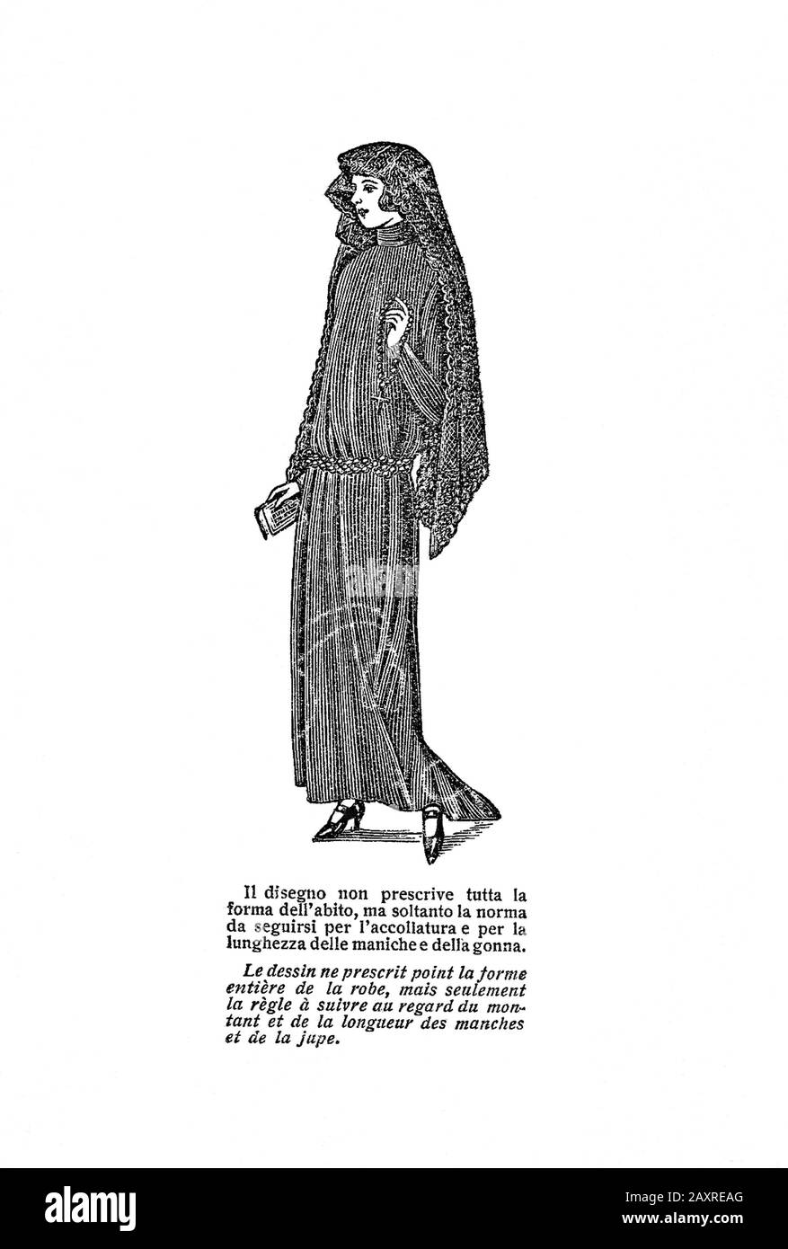 1924 , ROME , ITALY : Rules for women's clothing to be worn during the Pope's audiences at the Vatican Town . The drawing, distributed in the annex with the permits to enter the Vatican, does not prescribe the whole shape of the dress but only the standard to be followed for the neckline and for the length of the sleeves and the skirt . All women must dress in richly black clothes, white is allowed only to Catholic and still reigning Queens . - MODA - FASHION - ANNI VENTI - '20 - 20's - abito vestito nero - black dress - lunghezza maniche e gonna - veil - velo - ITALIA - Città del Vaticano Stock Photo