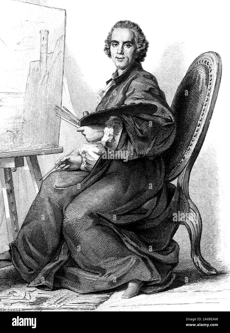 1750 ca , PARIS , FRANCE : The  french  painter and engraver CLAUDE JOSEPH VERNET ( 1714 - 1789 ). Portrait pubblished in 1846 by undentified french engraver . - ARTS - ARTE - PITTURA - painting - PITTORE - artist - artista - portrait - ritratto - tavolozza - palette - cavalletto - incisione - illustrazione - illustration  ----- ARCHIVIO GBB Stock Photo