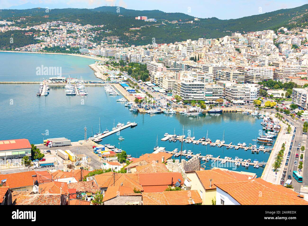 Kavala, Greece - 15 June 2019. Aerial view from the ancient fortress in Kavala to the bey and harbor Stock Photo