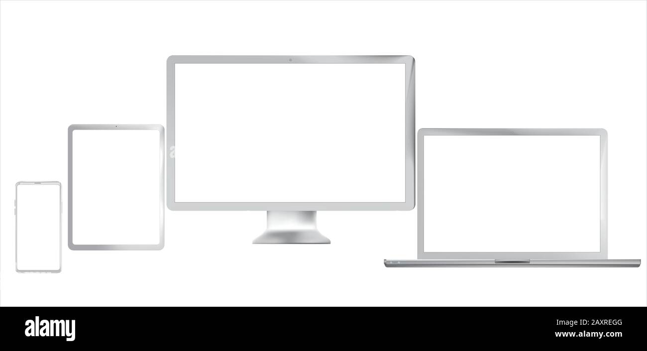 Realistic vector. Device set: monitor laptop, tablet and phone template. mockup gadget and device black color with blank screen isolated Background. Stock Vector