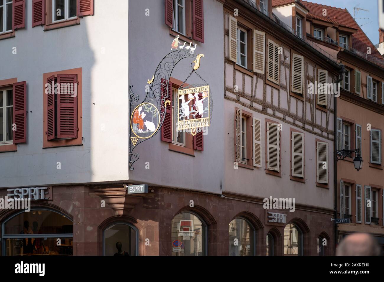 France, Alsace, Colmar, wrought-iron sign of a butcher in the old town. Stock Photo