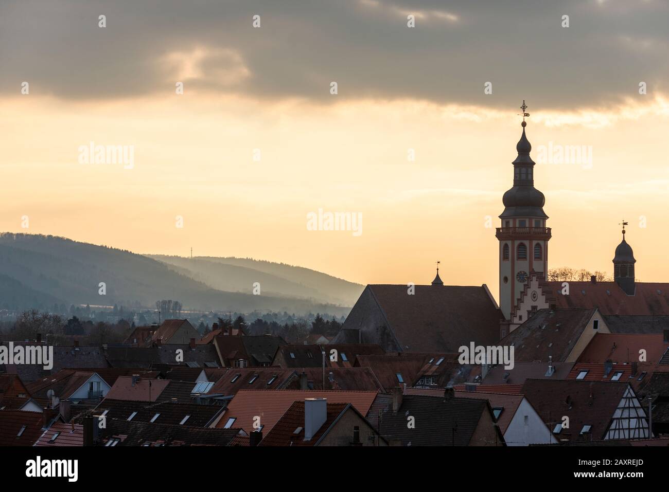 Germany, Baden-Württemberg, Karlsruhe, district Durlach, city silhouette in backlight. Evangelical town church and Rahaus. Stock Photo