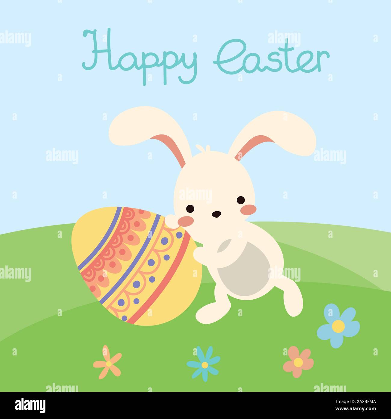 Vector easter bunny with eggs, flowers. Landscape Stock Vector