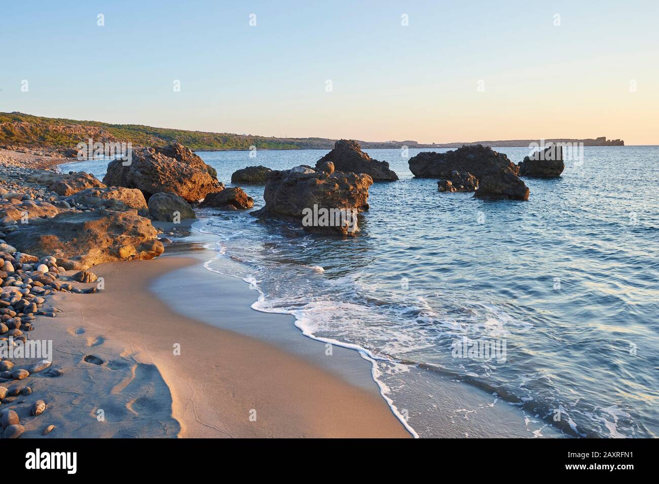 Landscape from the beach at Stomio, Larissa Coast, Agios Nikolaos Municipality, Crete, Greece Stock Photo