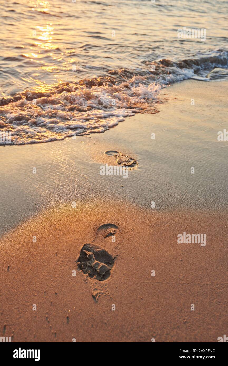 Footprint on the beach at Stomio, Larissa Coast, Agios Nikolaos Municipality, Crete, Greece Stock Photo