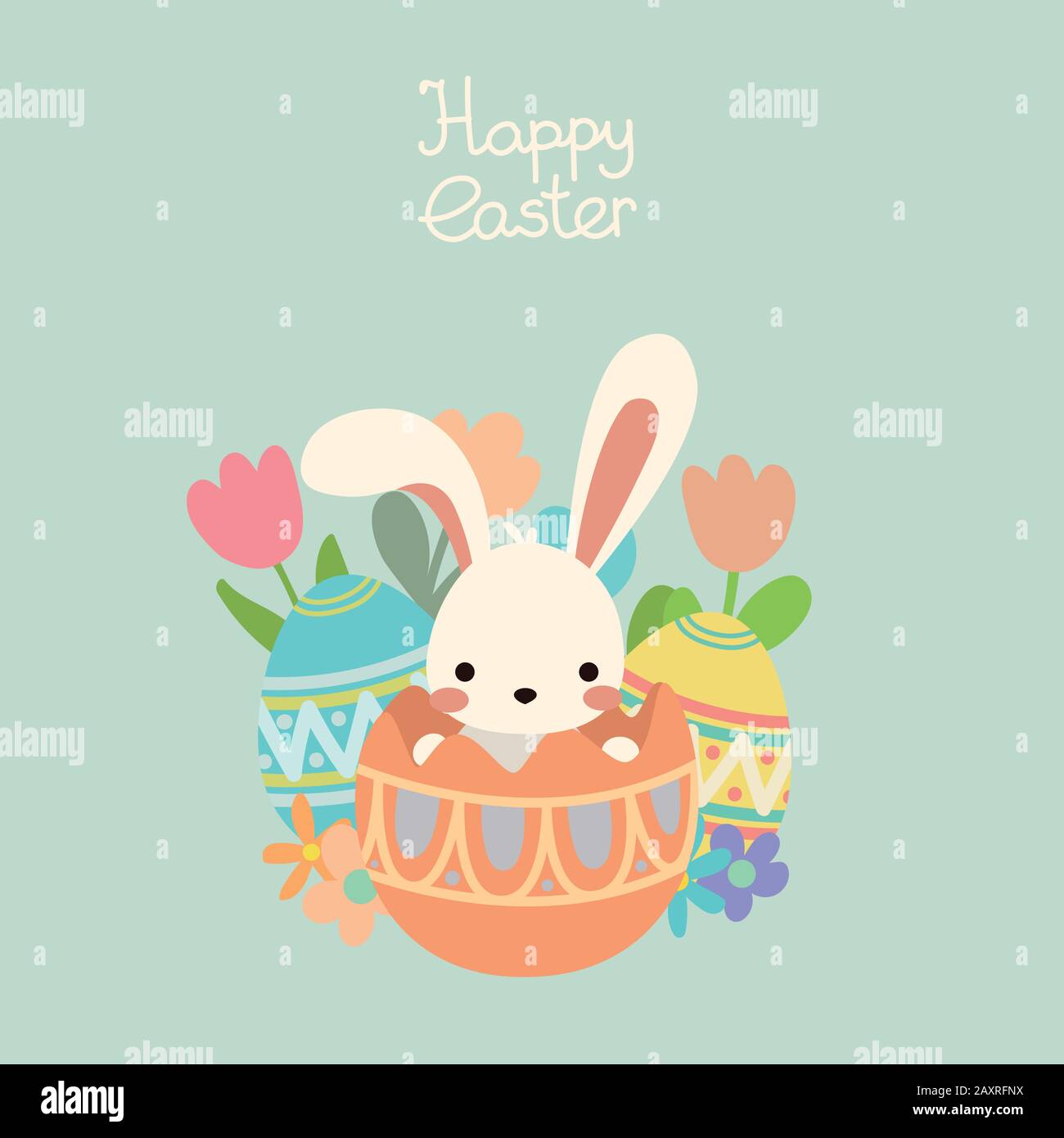 Vector easter bunny in egg with flowers, lettering Stock Vector