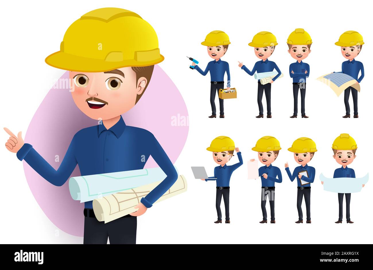 Engineer vector characters set. Businessman or professional engineer character with yellow helmet in standing, talking, reading and holding blueprint. Stock Vector