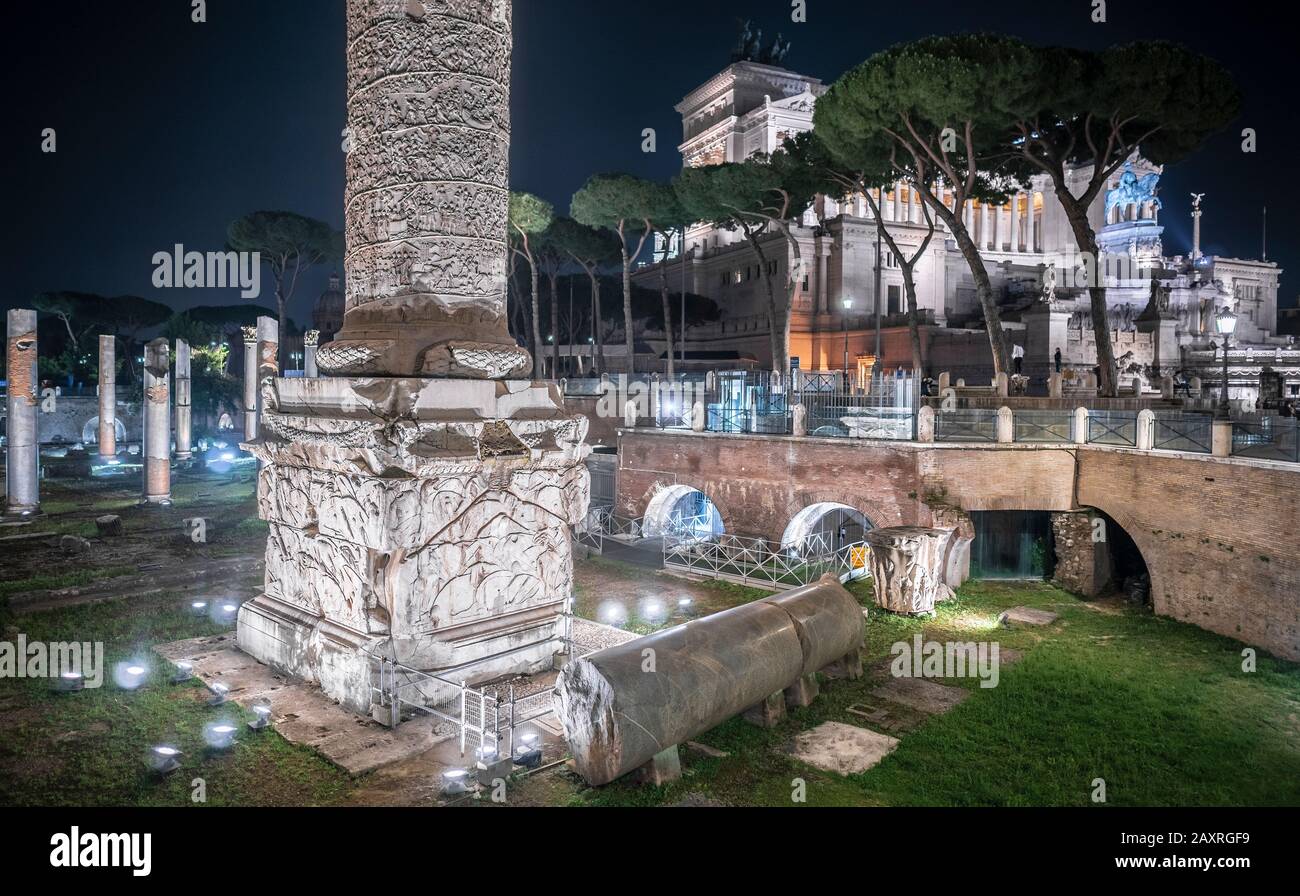 Trajan's Column at night, Rome, Lazio, Italy Stock Photo