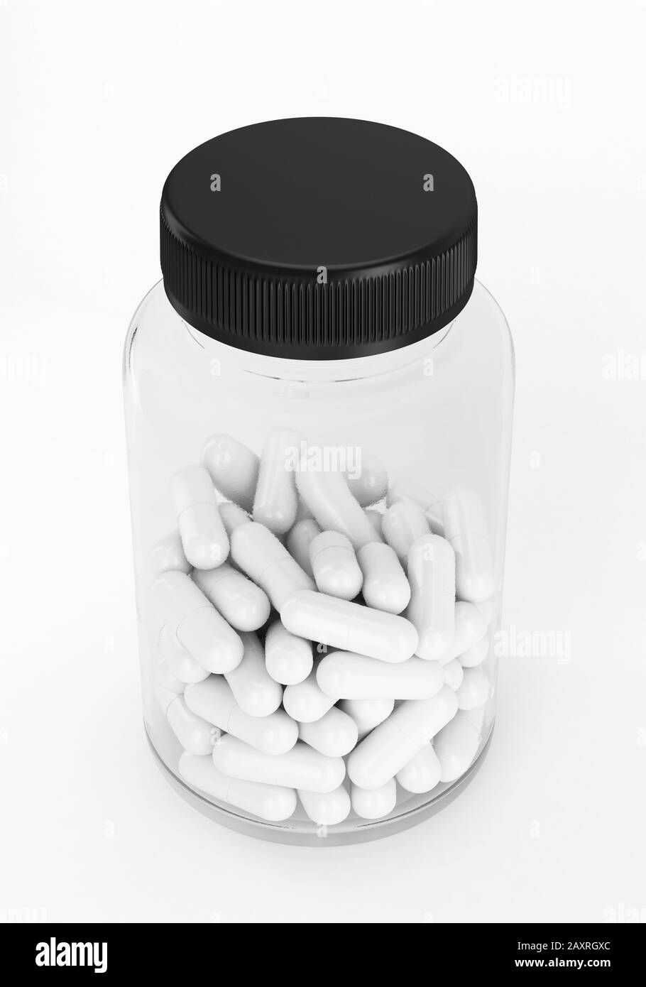 Transparent bottle half full of capsule pills against white background. Supplement and antibiotics product mockup. Stock Photo