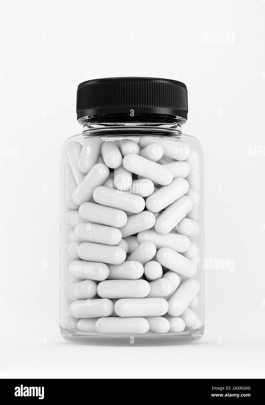Transparent bottle full of white capsule pills against white background. Supplement and antibiotics product mockup. Stock Photo