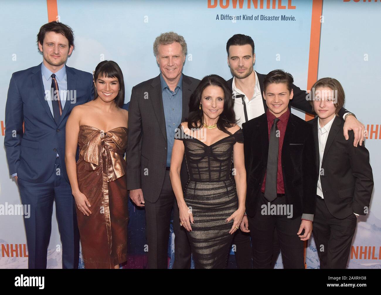 New York, USA. 12th Feb, 2020. Zach Woods, Jim Rash, Nat Faxon, Zoe Chao, Julia Louis-Dreyfus, Will Ferrell, Giulio Berruti, Ammon Jacob Ford and Julian Grey attend the premiere of 'Downhill' at SVA Theater on February 12, 2020 in New York City. Photo: Jeremy Smith/imageSPACE/MediaPunch Credit: MediaPunch Inc/Alamy Live News Stock Photo