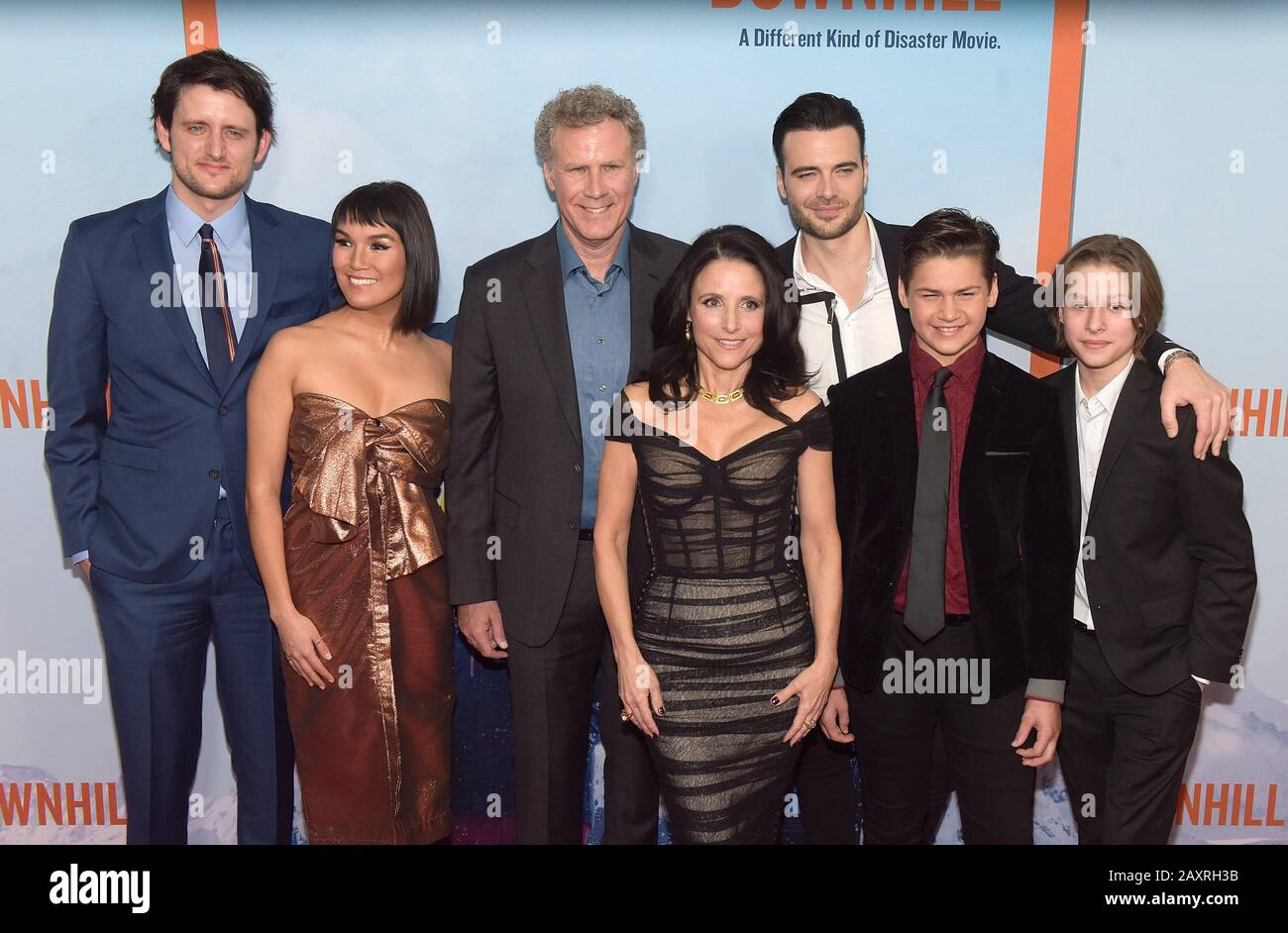 New York, USA. 12th Feb, 2020. Zach Woods, Jim Rash, Nat Faxon, Zoe Chao, Julia Louis-Dreyfus, Will Ferrell, Giulio Berruti, Ammon Jacob Ford and Julian Grey attend the premiere of 'Downhill' at SVA Theater on February 12, 2020 in New York City. Photo: Jeremy Smith/imageSPACE/MediaPunch Credit: MediaPunch Inc/Alamy Live News Stock Photo