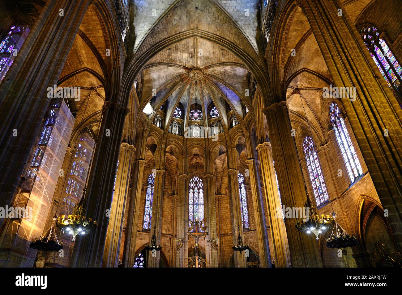 the 14th century Gothic Barcelona Cathedral (Catedral de Barcelona) where 13 geese are famously kept Stock Photo