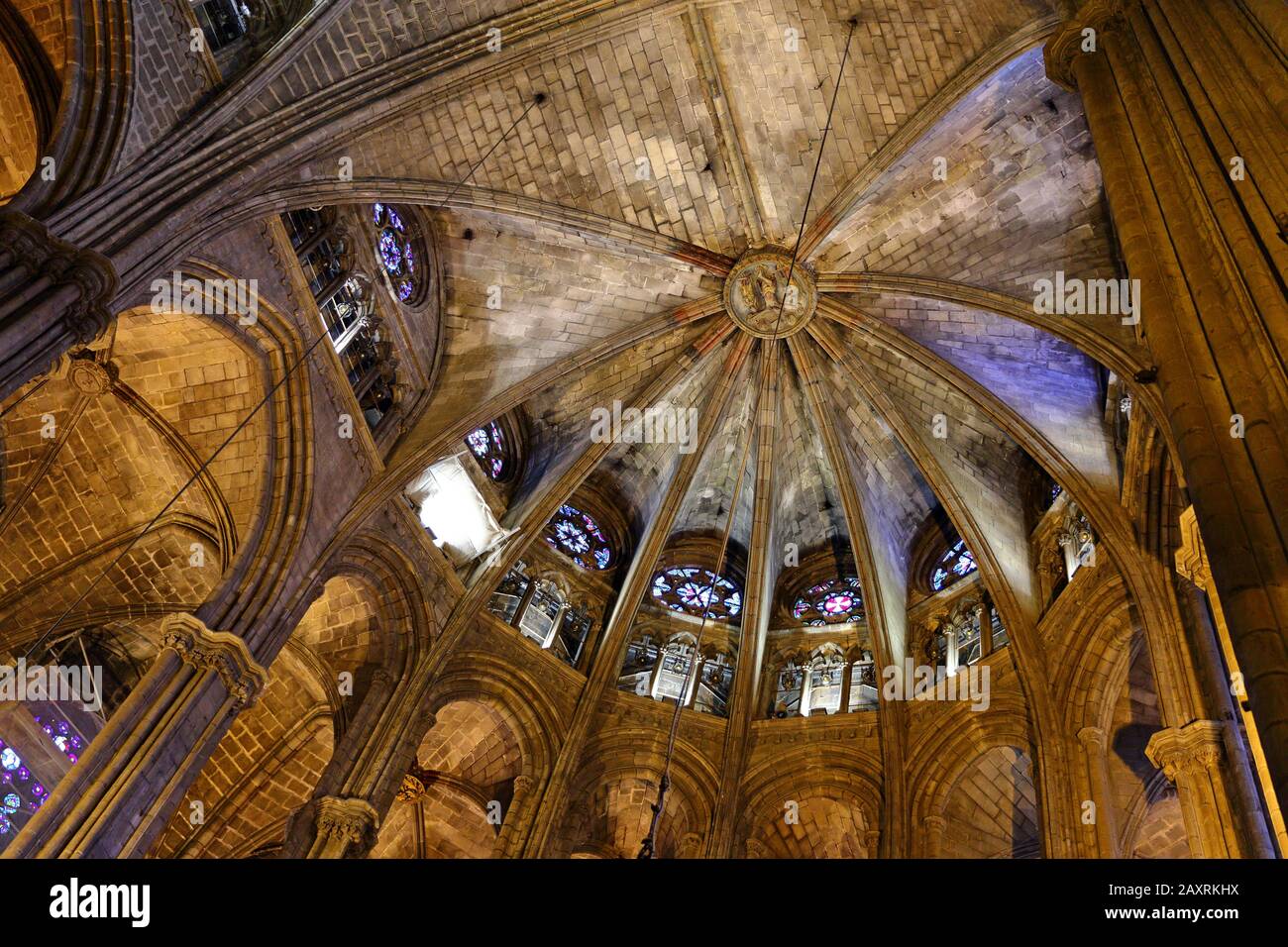 the 14th century Gothic Barcelona Cathedral (Catedral de Barcelona) where 13 geese are famously kept Stock Photo